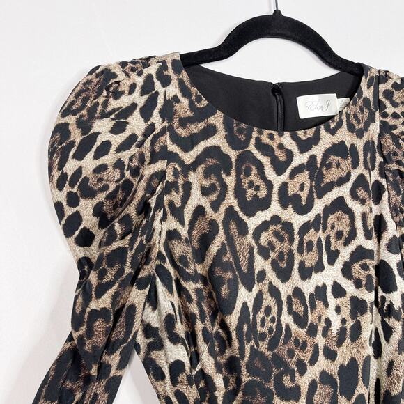 Eliza J 4P Petite Leopard Print Long Sleeve Midi Dress in Animal Brown Black - Picture 5 of 12